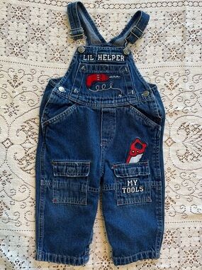 Infant Baby boy size 18mo vintage tool “lil helper” embroidered denim overalls